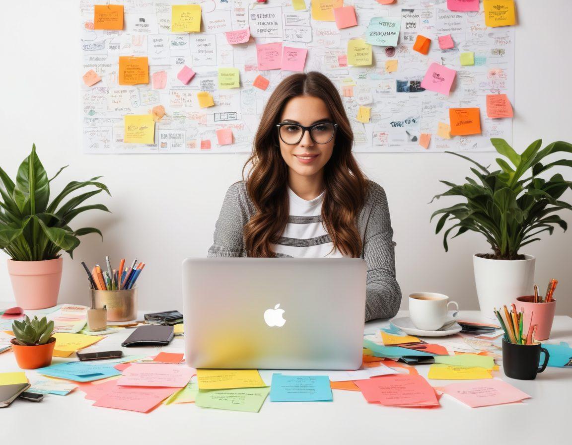 A dynamic scene illustrating a blogger at their desk, surrounded by vibrant post-it notes filled with creative ideas, a glowing laptop displaying a captivating blog layout, and a coffee cup overflowing with inspiration. The background features a lively digital space with swirling lines of text and icons representing social media platforms, symbolizing connectivity. The overall color palette is energetic with bold hues to evoke creativity and excitement. super-realistic. vibrant colors. white background.