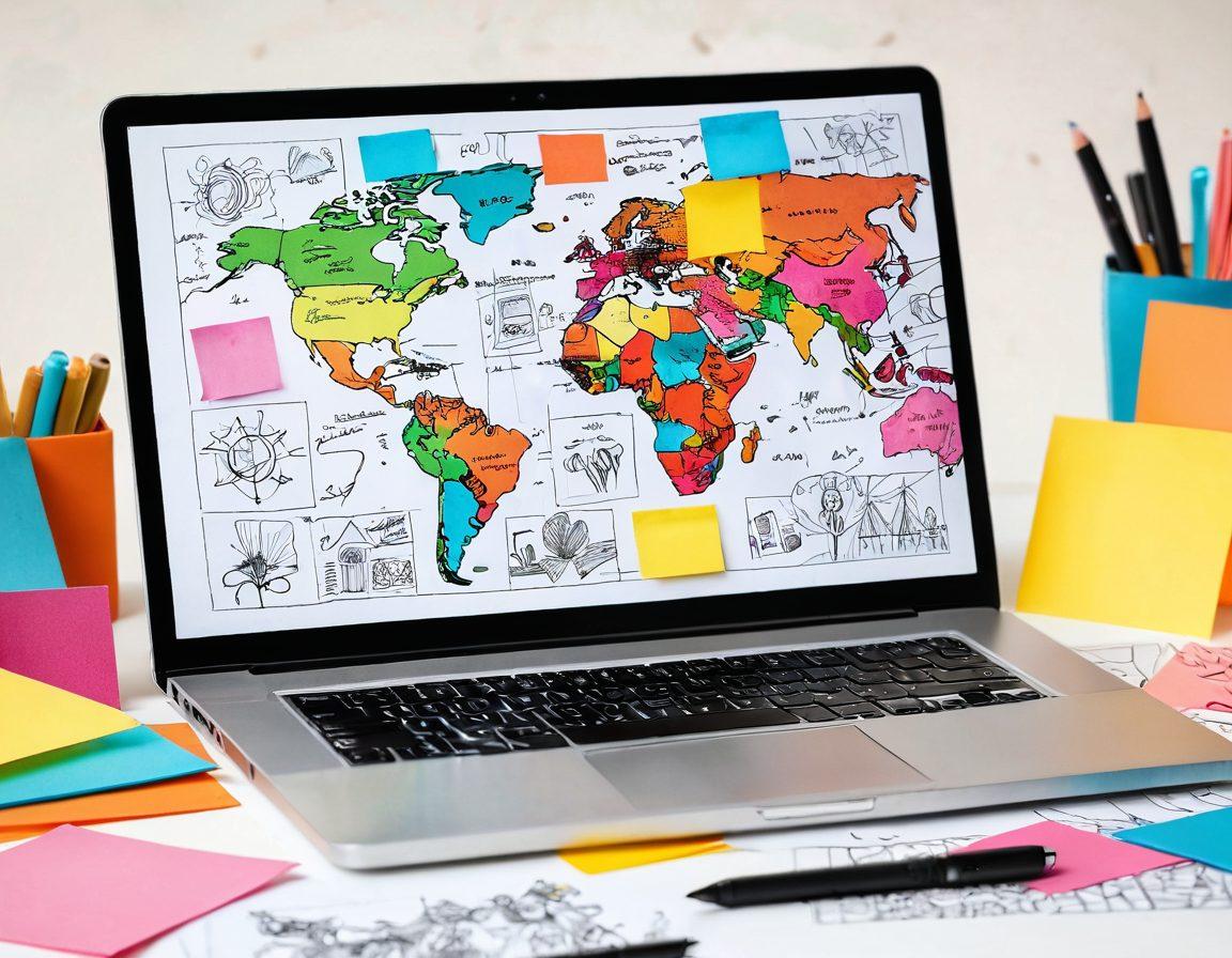 An open laptop on a vibrant desk, surrounded by colorful sticky notes and sketches that depict personal stories transforming into viral content. Include a globe to represent global engagement and a collage of diverse faces showing excitement and connection. The lighting is warm and inviting, symbolizing community and creativity. super-realistic. vibrant colors. white background.