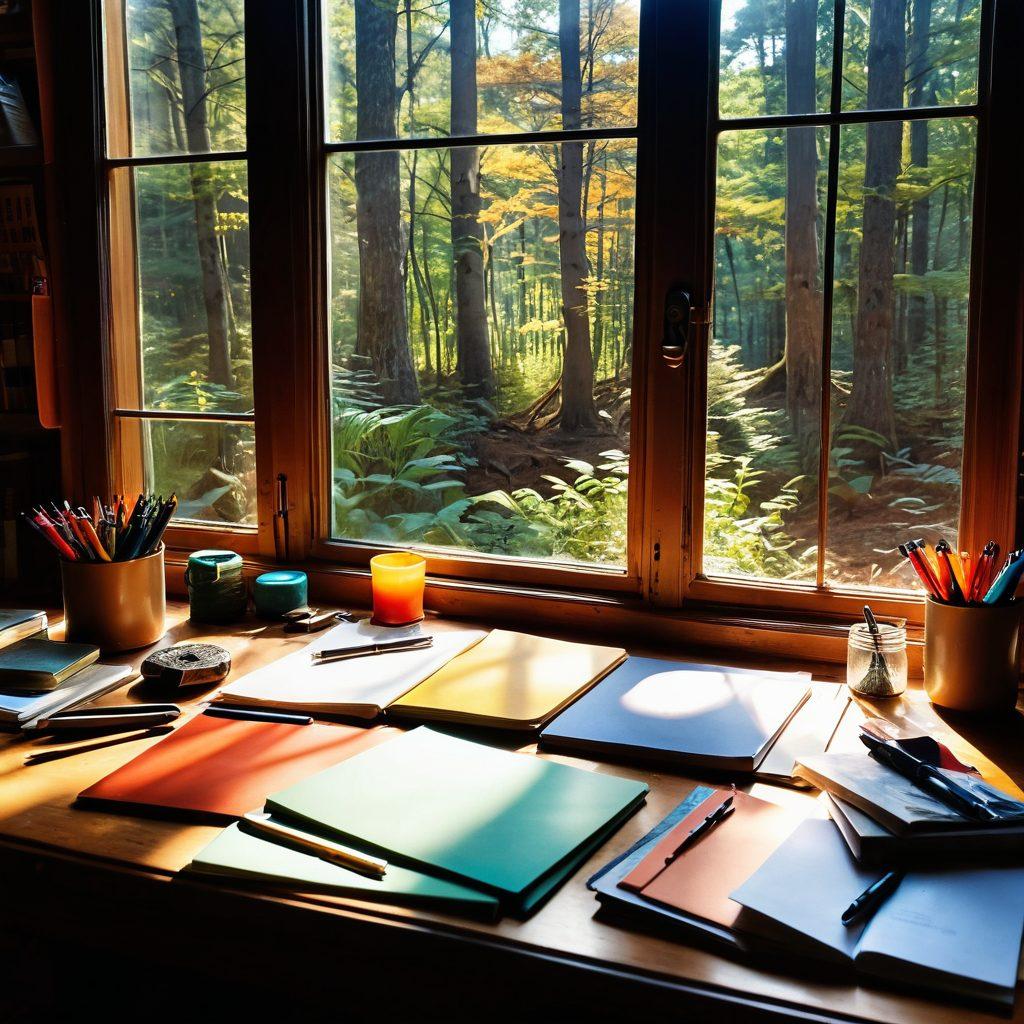 A mesmerizing writer's desk cluttered with colorful notebooks and vintage pens, bathed in warm sunlight. Surrounding the desk, ethereal wisps of creativity swirl into vibrant shapes representing captivating ideas. In the background, a window reveals a scenic view of a magical forest, symbolizing inspiration and discovery. This enchanting scene captures the essence of unique storytelling. super-realistic. vibrant colors. warm tones.